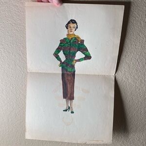 Vintage 1940s Fashion Sketch Watercolor on Folded Paper, Mid-Century Lady